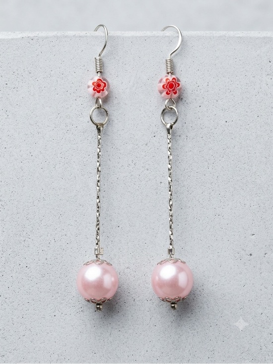 Jewelry - Vintage Murano Style Pink Faux Pearl Beaded Dangle Earrings Silver Tone